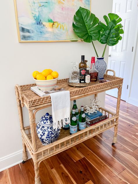 Wicker Bar Cart Styling, Long Bar Cart, Coastal Bar Cart Styling, Preppy Bar Cart Decor, Grand Millennial Bar Cart, Charleston Apartment Decor, Rattan Bar Cart Styling, Serena And Lily Bar Cart Styling, Bamboo Bar Cart