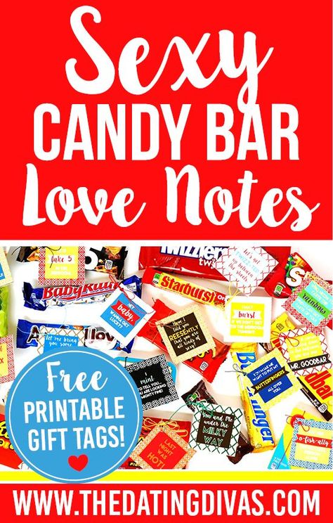 Free Candy Bar Love Note printables with a sexy and suggestive message! Printables designed by www.etsy.com/shop/ollieandlulu www.TheDatingDivas.com Candy Bar Love Notes, Candy Love Notes For Him, Valentines Candy Sayings, Candy Puns For Boyfriend, Cute Candy Sayings, Candy Love Sayings, Candy Sayings Gifts, Candy Bar Sayings, Candy Sayings