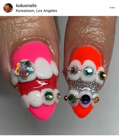 Long Funky Nails, Ugly Nails Weird, Novelty Nails, Quirky Nail Art, Teeth Nails, Nail Design Glitter, Food Nails, Retro Nails, Solid Color Nails