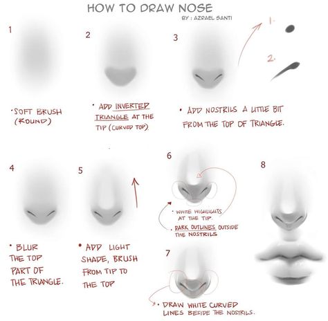 How to draw nose by  Azrael Santi Drawing Nose Digital Art, Digital Painting Nose Tutorial, Shading Nose Drawing, Nose From The Front Drawing, How To Shade Nose Drawing, Art Shading Reference, Nose Digital Drawing, How To Draw Noses On Procreate, How To Color Lips Digital Art