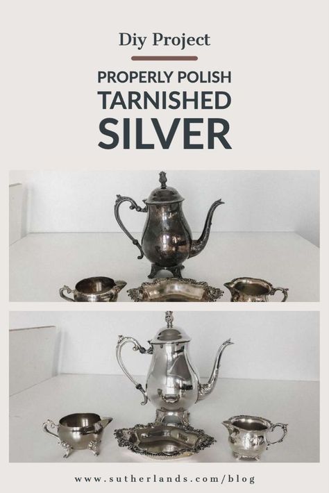 This week, we did our blog on refurbishing old silver. You can find tons of beautiful silver pieces at thrift stores, that just need some TLC to be as good as new! Here are all the items we got to make this project possible. Decorating With Old Silver Pieces, Decorating With Silver Pieces, Silver Display, Holiday Diy Projects, Silver Tea Set, Silver Decor, Tarnished Silver, Silver Tea, Table Arrangements