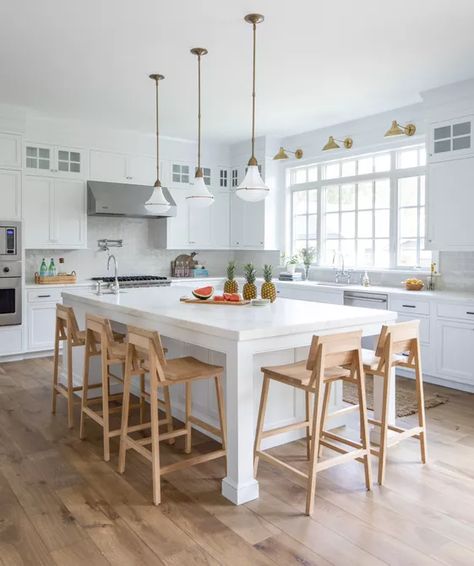 Coastal Kitchen Ideas Kitchen Island With Stools, Island With Stools, White Subway Tile Backsplash, Rove Concepts, Beach House Kitchens, Stools For Kitchen Island, White Oak Wood, Coastal Kitchen, White Cabinetry