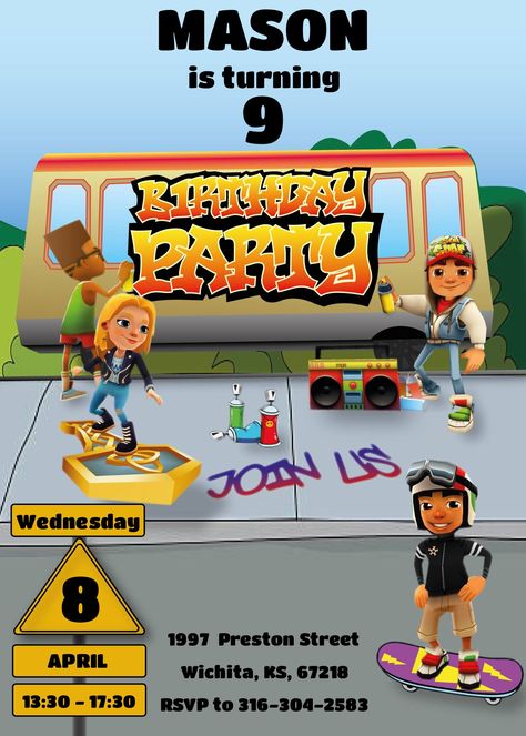 Subway Surfers Birthday Invitation Unique Subway Surfers Modifiable Birthday Invitation Invitation Unique, Birthday Freebies, Most Popular Games, Subway Surfers, Birthday Invitation Template, Popular Games, Preston, Kid Names, Kid Friendly