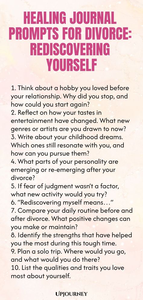 Explore these insightful healing journal prompts designed for those navigating the challenges of divorce. Take a step towards rediscovering yourself amidst this transformational journey. Use these prompts to reflect, heal, and find clarity as you embark on a new chapter in your life. Journal Prompts For Forgiveness, Journal Prompts For Trust Issues, Healing Prompts, Healing Journal Prompts, Rediscovering Yourself, Work Etiquette, Psychology Terms, Going Through A Divorce, Healing Journal