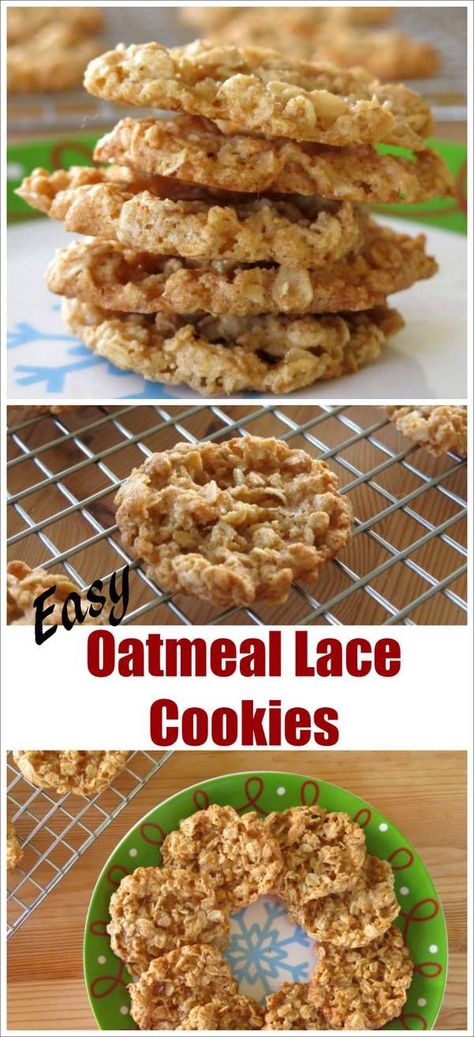 Easy Oatmeal Lace Cookies Recipe + ideas to dress them up - perfect for gifting or cookie exchanges! Loaded Oatmeal Cookies Recipe, Quaker Oats Oatmeal Cookies, Cookies Recipes Easy, Homemade Oatmeal Cookies, Oatmeal Lace Cookies, Best Oatmeal Raisin Cookies, Oatmeal Cookies Easy, Iced Oatmeal Cookies, Cookie Recipes Oatmeal Raisin