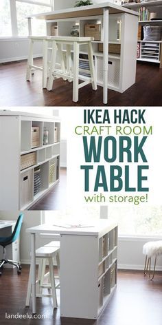 This is an awesome DIY Ikea Hack craft room table! I've been trying to figure out how to make one. This looks amazing! And only $160! Craft Room Table, Craft Room Tables, Ikea Stuff, Ikea Crafts, Craft Table Diy, Easy Ikea Hack, Sewing Craft Room, Dream Craft Room, Craft Room Design