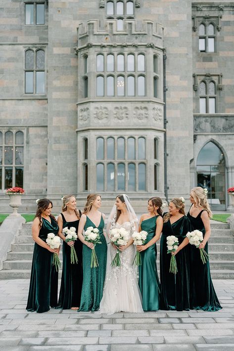 Fairytale wedding in an Irish castle in County Limerick Irish Princess Wedding Dress, Irish Castle Wedding Dress, Vanessa Rose, Berta Gowns, Auchen Castle Wedding, Castle Wedding Venue Ireland, Dark Green Bridesmaid Dress, Lough Eske Castle Wedding, Forest Green Dresses