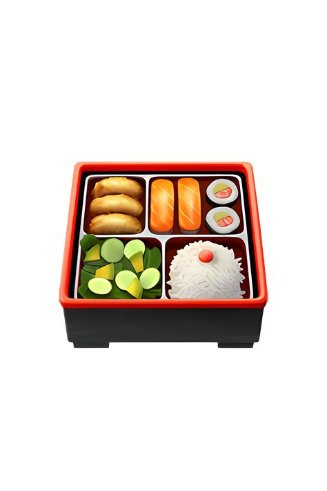 The emoji 🍱 depicts a traditional Japanese bento box, which is a rectangular container with a lid. The box is divided into compartments, each containing a different type of food. The emoji shows a brown box with a red lid, and various colorful foods inside, such as rice, fish, vegetables, and egg. Bento Png, Traditional Japanese Bento, Box Emoji, 2024 Notion, Food Emoji, Png Emoji, Emoji Food, Apple Emojis, Japanese Bread