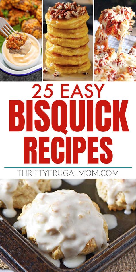 25 amazing recipes that you can make using Bisquick! Easy delicious ideas for breakfast, dinner, dessert and more. So many favorites! Breakfast Ideas Using Bisquick, Breakfast Recipes Using Bisquick, Uses For Bisquick, Dinner Recipes Using Bisquick, Quick Bisquick Recipes, Recipes Using Bisquick Baking, Bisquick Breakfast Ideas, Biscuit Mix Recipe Ideas, Bisquick Dinner Recipes