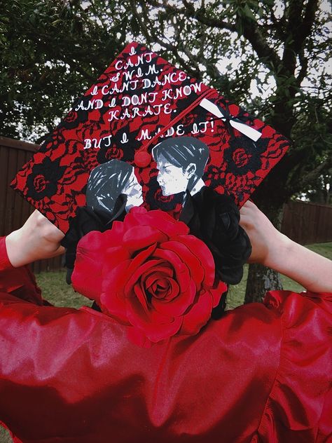 Emo Prom Decorations, My Chemical Romance Graduation Cap, Fall Out Boy Graduation Cap, Mcr Grad Cap, Graduation Cap Designs Emo, Emo Grad Cap, Emo Promposal, Horror Graduation Cap, Gothic Graduation Cap