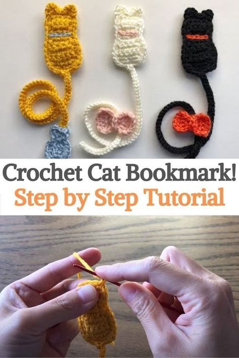 This is a great project to start crochet, because it is really simple to do, you just have to know the basic crochet stitches. In addition, due to its size, it is quite quick to make, in a few minutes you will have it ready.It's a great gift for just about anyone, because who doesn't love cats and books? They are very cute and useful bookmarks. If you have knowledge in crochet you can give it your personal touch... Crochet Cat Bookmark Pattern, Book Crochet Pattern Free, Animal Crochet Bookmark, How To Make Crochet Bookmarks, How To Make A Crochet Bookmark, Crochet Projects Bookmarks, Bookmarks To Crochet, Free Crochet Bookmarks Patterns, Bookmarks Diy Crochet