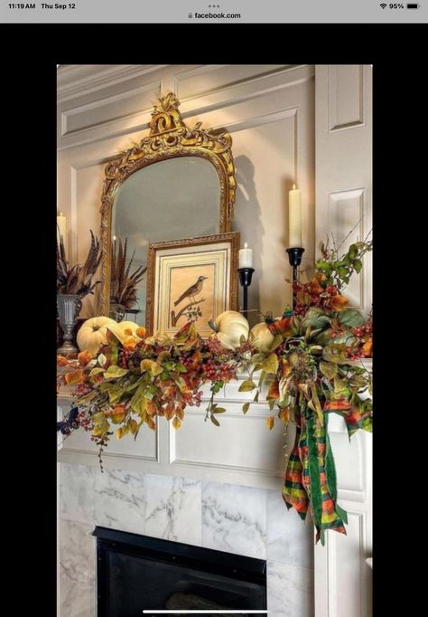 How To Decorate A Mantel For Fall, Formal Mantle Decor, French Country Mantel Decorating Ideas, Fall Fireplaces, Fireplace Fall Decorating Ideas, Chimney Mantel, Bed Rooms Ideas Master, Bed Rooms Ideas, Fireplace Fall Decor