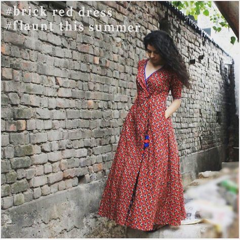 187 Likes, 2 Comments - C H A R K H E E (@charkheethelabel) on Instagram: “flaunt your candid style in our brick red wrap dress #charkheewomencollection #purecotton…” Long Cotton Dress, Trendy Kurti, The Secret Label, Red Wrap Dress, Casual Frocks, Cotton Gowns, Frock Fashion, Simple Kurti Designs, Casual Indian Fashion