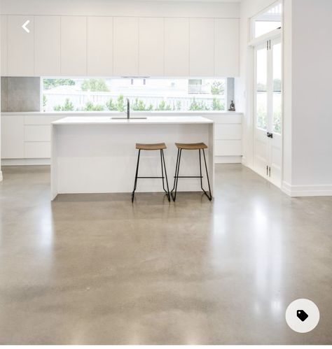 White Kitchen Concrete Floor, Kitchens With Polished Concrete Floors, Polished Concrete Floor Basement, Tan Concrete Floors, Stained Concrete Floors In House, Concrete Floors In Kitchen, Cement Floor Kitchen, Concrete Floors Bathroom, Concrete Floors Farmhouse