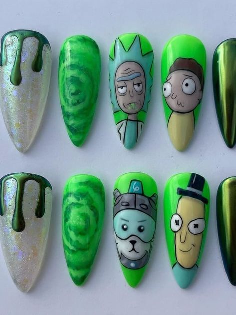 Rick And Morty Nail Art, Nail Art Cartoon Characters, Rick And Morty Nails, Adventure Time Nails, Nail Art Cartoon, Nails One Color, Kid Nails, Baby Blender, Cartoon Nail Designs