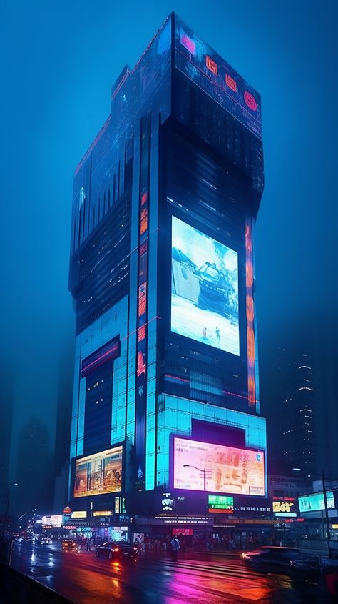 A cyberpunk building that glows in blue neon light has large screens displaying advertisements. It is an AI artwork generated with Midjourney. Cyberpunk Building Art, Cyberpunk Corporation, Cyberpunk Skyscraper, Neon Building, Floating Building, Cyberpunk Architecture, Fountain Architecture, Cyberpunk Space, Cyberpunk House