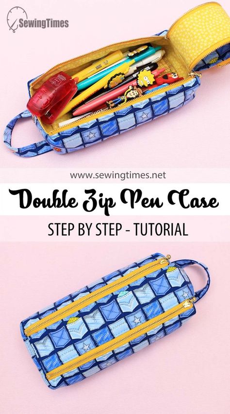 DIY Double Zipper Pencil Case | How to sew a Makeup Bag with Two Zip [sewingtimes] Double Zipper Pencil Case, Zip And Go Bag Pattern, Boxy Pencil Pouch, Free Zipper Pouch Pattern, Pencil Cases Diy, Pencil Case Sewing Pattern Free, How To Make A Pencil Case, Diy Pencil Case Pattern, Pencil Pouch Sewing Pattern