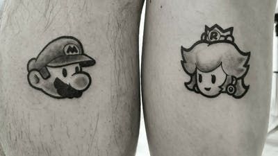 Gengar Tattoo, Super Mario Tattoo, Pixel Tattoo, Peach Tattoo, Partner Tattoos, Mario Tattoo, Nerdy Tattoos, Crazy Tattoos, Small Couple Tattoos