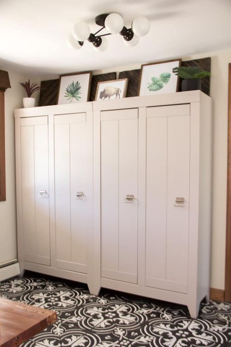 Modern Mudroom Reveal - Bright Green Door Shallow Storage Cabinet, Wallpaper Mudroom, Entryway Mudroom Ideas, Sauder Storage Cabinet, Painted Tile Floors, Modern Mudroom, Dreamy Interior, Live Edge Bench, Entry Storage