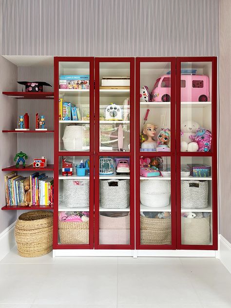 Stylish Toy Storage, Toy Storage Units, Billy Ikea, Ikea Kids Room, Wood Primer, Billy Bookcase Hack, Ikea Billy Bookcase Hack, False Wall, Amity Home