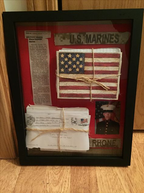 Bootcamp letters #bootcamp #military #usmc #Marine #militarycouple #shadowbox Letters To Marine Recruits Boot Camp, Marine Shadow Box Ideas, Military Shadow Box Ideas, Marine Crafts, Marines Boot Camp, Usmc Mom, Shadow Box Memory, Military Crafts, Military Shadow Box