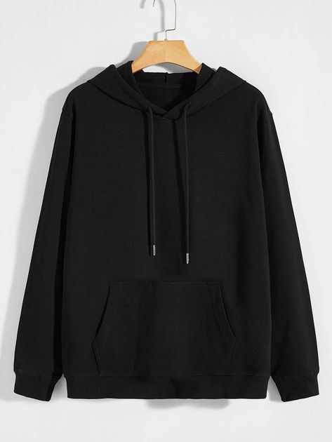 SHEIN BASICS Men Solid Kangaroo Pocket Drawstring Hoodie | SHEIN USA Chunky Hoodie, Men Sweatshirts, Plain Hoodies, Thermal Hoodie, Drawstring Neckline, Cardigan Sweater Jacket, Cardigan Sweaters For Women, Black Fleece, Drawstring Hoodie