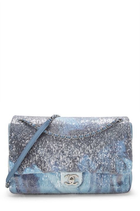 Chanel Blue Sequin Waterfall Flap Bag XL Q6BJSL2MBK003 | WGACA Chanel Blue, Vintage Designer Bags, Blue Luxury, Sequin Bag, Chanel Spring, Crossbody Bags For Women, Love Blue, Luxury Store, Vintage Designer