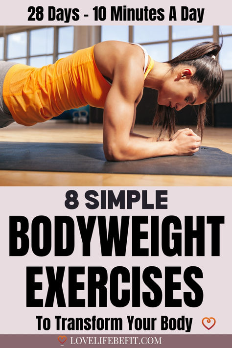 This 10 minutes a day exercise plan of simple bodyweight exercises will transform your body in just 4 weeks. Work your glutes, abdominals, legs and upper body with these simple exercises - no equipment required. This exercise plan is suitable for beginners and you can exercise at home or even in the office. This free schedule includes 3 workout plans and one bonus session. Workout plans for women and beginners. Exercise Challenge For Beginners, Exercise For Obese Beginners, Exercise At Home No Equipment, Gym Exercise Plan, Exercises For Hamstrings, Home Exercise For Beginners, Exercise Plan For Beginners, Exercise For Beginners At Home, Beginner Workout Schedule