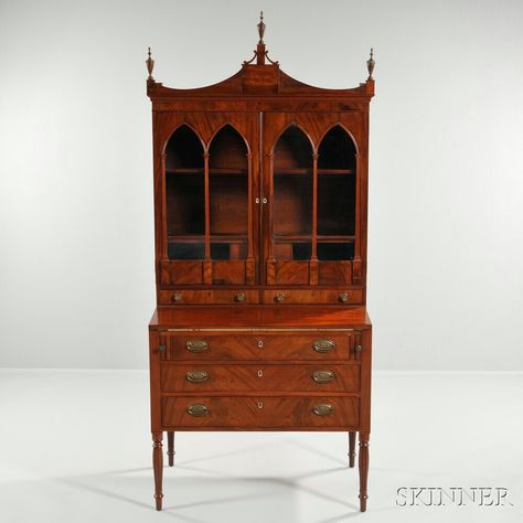 Mahogany and Mahogany Veneer Desk/Bookcase, probably Massachusetts, c. 1810, with shaped gallery above two Gothic glazed doors opening to a shelved interior with two drawers and two cockbeaded exterior drawers on the case with fold-out writing surface, cockbeaded drawers, all on ring-turned, reeded, swelled legs, replaced brasses, refinished, (imperfections), ht. 81 1/4, wd. 35 3/4, dp. 21 1/2 in. Federal Furniture, Dream Studies, Mahogany Bookcase, Bookcases For Sale, Glazed Doors, Antique French Furniture, Period Furniture, Glazed Door, Desk Bookcase