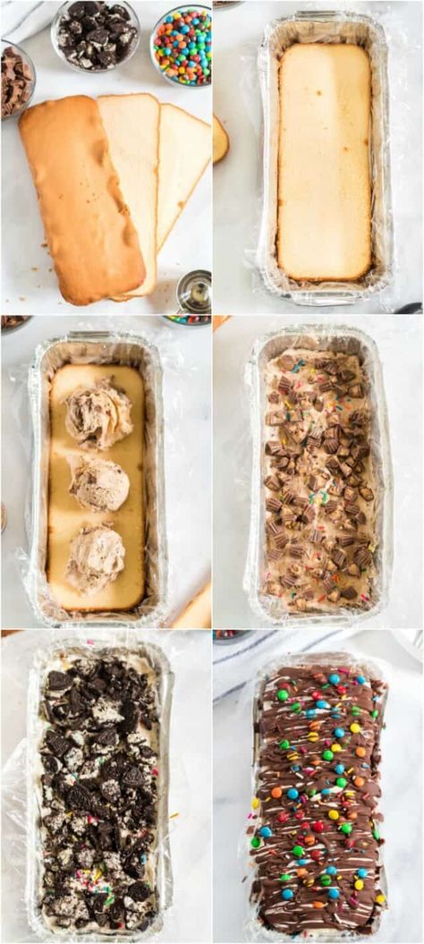 Ice Cream Cake Diy Easy, Pound Cake Ice Cream Sandwiches, Candy Bar Ice Cream Cake, Candy Ice Cream Cake, Easy Ice Cream Cake 3 Ingredients, Ice Cream Cake Recipes Easy, Recipes Using Frozen Pound Cake, Easy Homemade Ice Cream Cake, Easy Ice Cream Desserts Quick