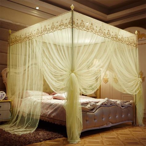 Luxury Princess Style Four Corner Post Mosquito Net Elegant Bed Netting Curtain Panel Bedding Canopy Queen King Sizes Multicolors - Walmart.com Lace Canopy, Bed Netting, Mosquito Net Bed, Bed Net, Home Bathroom Decor, Romantic Princess, Bed In Corner, Elegant Bedding, Bed Tent