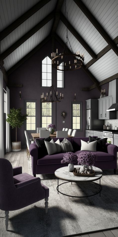 Step into the rustic charm and elegance of this purple and gray farmhouse living room interior design. Embrace the soothing combination of purple and gray hues, creating a space that exudes warmth and timeless beauty. Natural textures, vintage-inspired decor, and cozy elements come together to create a farmhouse-inspired ambiance. Elevate your living room with this delightful fusion of farmhouse aesthetics and modern allure. #FarmhouseLivingRoom #PurpleAndGrayInterior #RusticCharm Black And Purple House Interior Design, Greyscale Interior Design, Dark Purple Living Room Ideas, Purple And Black Living Room Ideas, Purple Interior Design Living Room, Gray Farmhouse Living Room, Purple And Grey Living Room, Dark Purple Living Room, Grey Farmhouse Living Room