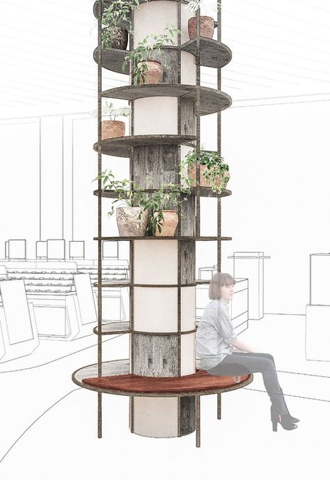 Design concept for TAX FREE by Heinemann (CPH Airport) — Johannes Torpe Shelving Around Column, Structural Column Design Living Rooms, Architectural Column Design, Minimalist Column Design, Pillar Storage Ideas, Collums Interior Modern, Column Shelf Design, Columns Design Ideas, Shared Retail Space