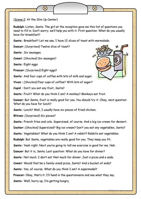 Short Plays (2): Santa´s Diet - English ESL Worksheets for distance learning and physical classrooms Short Drama Script With Moral, English Drama Script With Moral, English Drama Script, Role Play Scripts, Short Drama Script, Christmas Plays For Kids, Play Scripts For Kids, Drama Script, Skits For Kids