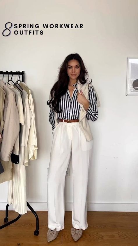 Striped Silk Shirt Outfit, Beige Pleated Trousers Outfit, Elegant Cream Wide Leg Pants, Pin Stripe Shirt Outfit, Elegant Beige Relaxed Fit Wide Leg Pants, Chic White Silk Wide Leg Pants, Fitted Chic Beige Wide Leg Pants, Semi Formal Mujer, Conference Outfit