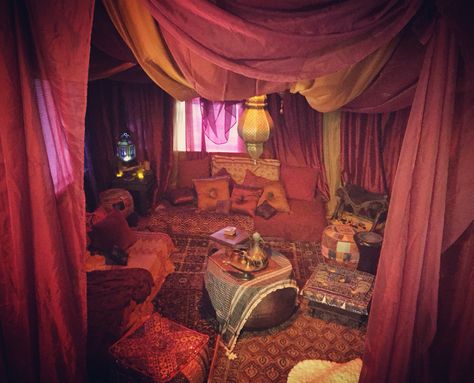 My dream living room coming to life! Arabic seating, over a year long project and it's still not done but it's almost there! harem, Bedouin, tent, Moroccan, red room, gypsy tent, caravan, Arabian nights, genie bottle, bohemian, floor seating, escape, lanterns, brass, Middle East, desert Comfy Living Room Decor, Bedouin Tent, Tent Bed, Moroccan Room, Moroccan Bedroom, Red Tent, Comfy Living Room, Moroccan Floor, Deco Originale