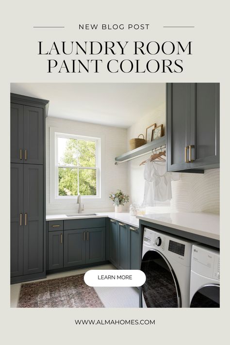 If there’s one thing that can make stepping into the laundry room better, it’s being greeted by a lovely paint color to make the act of doing laundry – enjoyable (if that’s even possible). Check out our favorite. Paint Colors For Laundry Room Cabinets, Dark Walls Laundry Room, Laundry Room Cabinet Paint Colors, Moody Laundry Room Paint Colors, Laundry Room Paint Colors Sherwin Williams, Maroon Laundry Room, Laundry Room Paint Ideas Color Palettes, Popular Laundry Room Paint Colors, Farmhouse Laundry Room Paint Colors