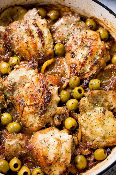 Saucy Skillet Chicken with Lemons and Olives - Delicious pan seared chicken thighs prepared with olives, lemons, and red wine. Chicken And Olives, Pan Seared Chicken Thighs, Chicken Thighs Dinner, Seared Chicken, Chicken Skillet Recipes, Pan Seared Chicken, Easy Chicken Thigh Recipes, Olive Recipes, Chicken With Olives