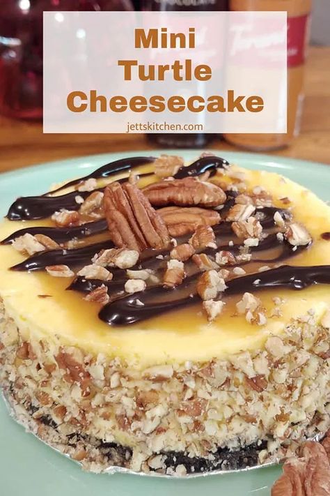 Mini Turtle Cheesecake, Turtle Cheesecake Recipes, Cheescake Recipe, Mini Turtle, Turtle Cheesecake, Homemade Caramel Sauce, Oreo Crust, Cheesecake Desserts, Cookie Crust