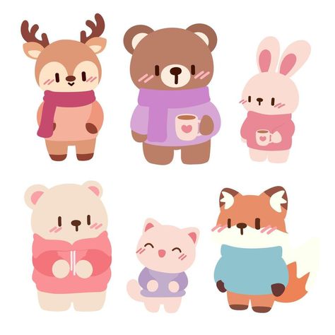 Cute Winter Animal Illustrations. Kawaii Characters in Cozy Outfits. Adorable Winter Animals. Cartoon Characters with Warm Clothing. Kawaii Winter Animal Friends. Animals In Sweaters Illustration, Character Doodles, Kawaii Winter, Clothing Kawaii, Collage Photos, Kawaii Characters, Animals Cartoon, Cozy Outfits, Kawaii Christmas