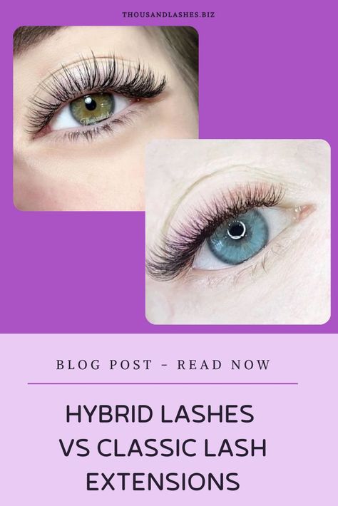 HYBRID LASHES VS CLASSIC LASH EXTENSIONS Can I go from classic to hybrid lashes? What is the difference between classic lashes and hybrid lash extensions? What's better, hybrid lashes or classic? These are the two most popular lash extension techniques, but what is the difference between them? C Curl Vs D Curl Lashes, Hybrid Lash Extensions, Classic Lash Extensions, Hybrid Lashes, Classic Lashes, Lash Extensions Styles, Makeup 101, Lash Salon, Curl Lashes