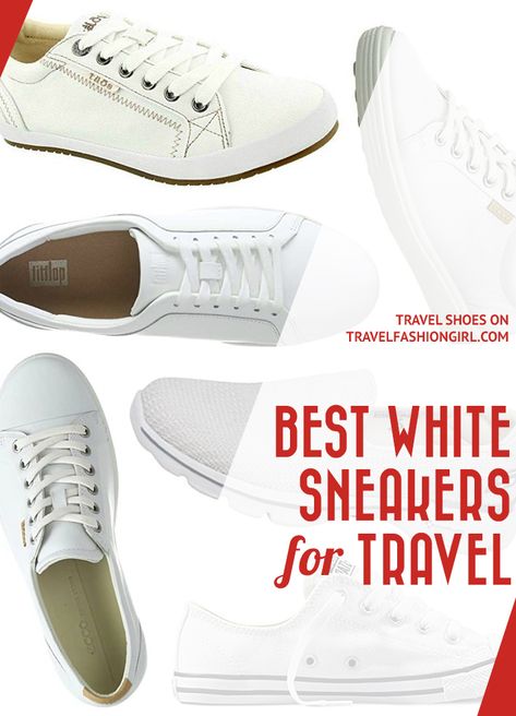 best-white-sneakers-for-travel White Walking Sneakers, White Sneakers Travel Outfit, Sneakers With Dresses 2023, Cute White Tennis Shoes For Women, Classic Tennis Shoes, Dressy White Sneakers, Best White Sneakers For Travel, Travel Outfits With Sneakers, Trendy White Sneakers 2023