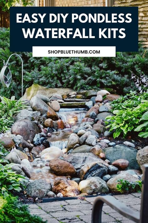 Pondless Waterfall Kits Diy Pondless Waterfall, Backyard Pondless Waterfall, Stream Waterfall, Peaceful Sounds, Pondless Water Features, Babbling Brook, Front Garden Landscape, Garden Waterfall, Pond Waterfall