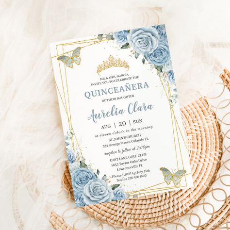 Quinceañera Baby Blue Floral Gold Butterflies 16th Invitation - tap/click to get yours right now! #Invitation #quincea&241;era #15th #birthday #invitation, #elegant Blue And Gold Sweet 16, Winter Sweet 16, Baby Blue Flowers, 15 Invitations, Gold Sweet 16, Invitations Quinceanera, Quinceañera Invitations, Butterfly Invitations, Floral Birthday Invitations