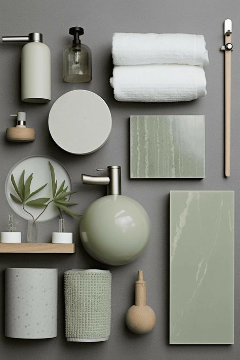 Light Green Bathroom Ideas Decor, Mint And Sage Green, Bathroom Sage Green Decor, Green Silver Bathroom, Bathroom Colorful Ideas, Bathroom Color Decor Ideas, Sage Green Bathroom Aesthetic, Pale Green Bathroom Ideas, Sage Green And Wood Bathroom