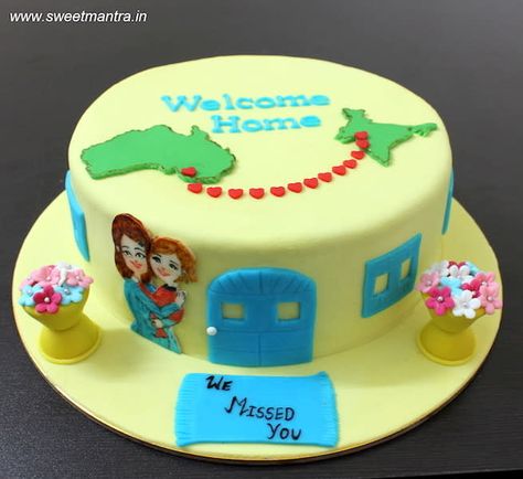 Welcome home from Australia theme customized cake by Sweet Mantra - Customized 3D cakes Designer Wedding/Engagement cakes in Pune - http://cakesdecor.com/cakes/332045-welcome-home-from-australia-theme-customized-cake Welcome Home Cake, Australia Cake, India Cakes, Welcome Home Cakes, Globe Cake, Home Cake, Travel Cake, Creative Cake Decorating, 3d Cakes