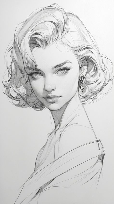 Face Looking Up Drawing Reference, Female Pencil Sketch, Pencil Sketch Reference, Wavy Short Hair Drawing, Classic Drawing Sketch, Short Hair Sketch Female, Sketches Of People Faces, Drawing People Faces Sketches, Reference Photos Female