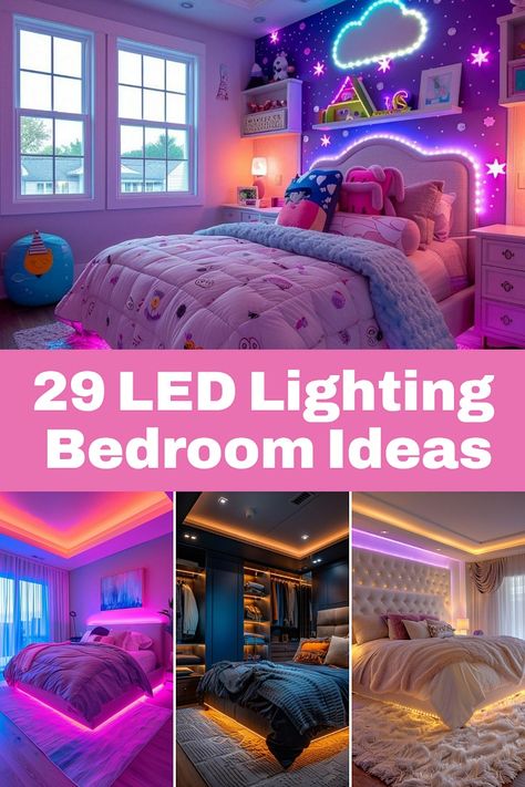 Transform your bedroom with these stunning LED lighting ideas! From soft mood lighting to bold neon accents, make your space glow in style ✨. #LEDLighting #BedroomInspo Ceiling Lights For Room, Light Strip Ideas Bedroom, Strip Lights Kids Bedroom, Led Lights On The Floor, Led Lights Ideas Decoration, Led Lights Shapes On Wall, Kids Room Led Lights, Kids Led Lights Bedroom, Neon Home Decor Interior Design