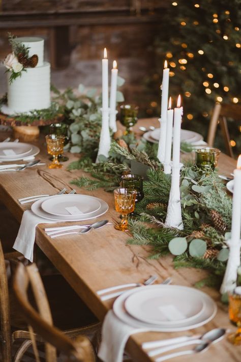 Fresh Pine Rustic Getaway Winter Wedding #candlesticks #whitecandlesticks #greenery #tabledecor #garland #christmaswedding Natal Natural, Christmas Wedding Inspiration, Winter Wedding Table, Winter Wedding Centerpieces, January Wedding, Winter Wedding Decorations, Winter Table, Winter Wedding Inspiration, Winter Wonderland Wedding