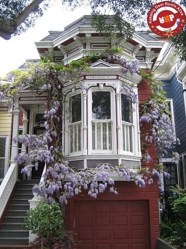 A stately house with an ornate bay window that is made even more welcoming by being surrounded by fragrant and beautiful wisterias. Flowers Balcony, California Photos, Victorian Architecture, Future Apartment, Pretty House, Beautiful Architecture, Beautiful Buildings, Bay Window, Historic Homes